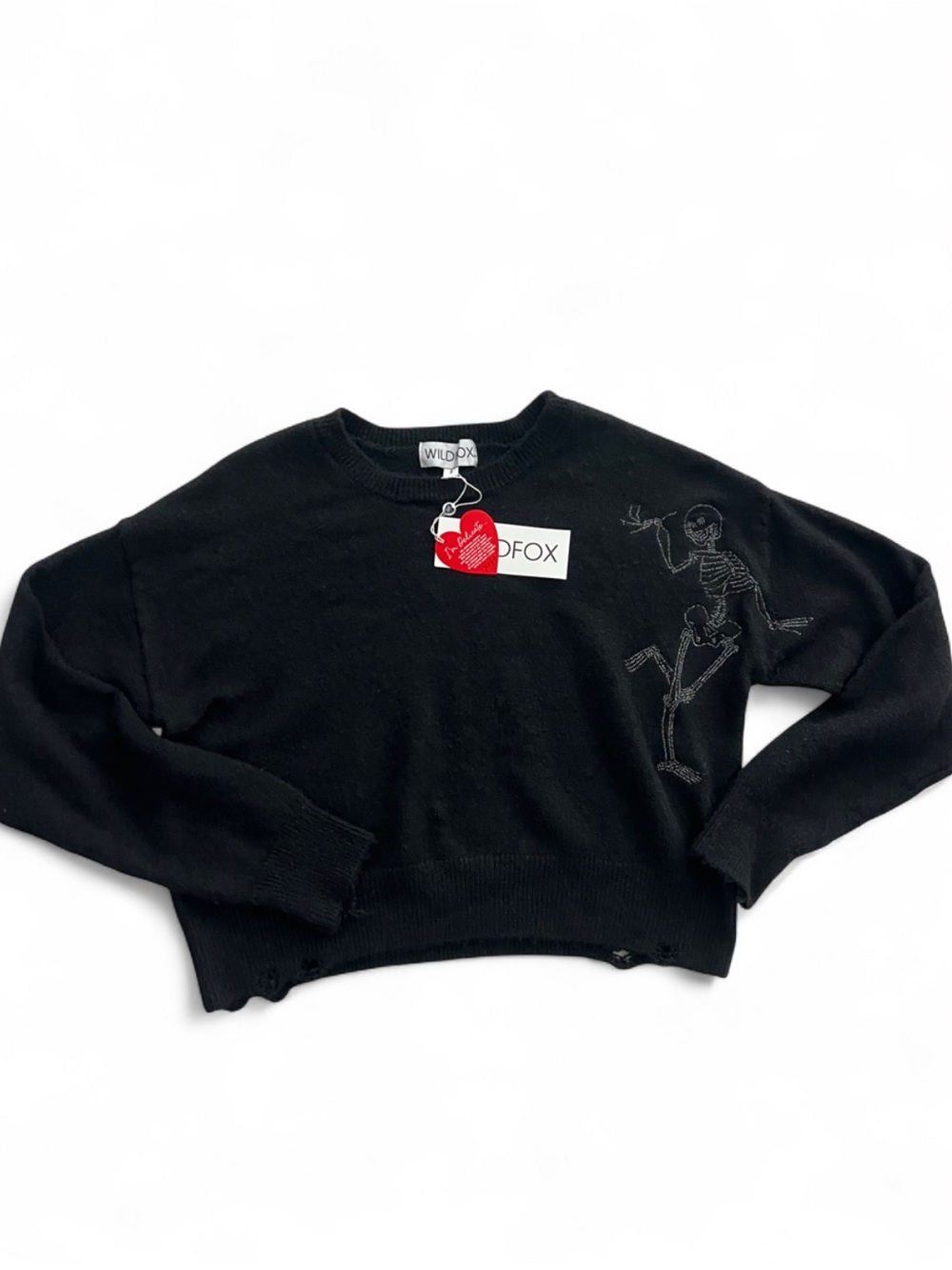 Wildfox Black Cropped Crewneck Sweater with Skeleton Stitch small